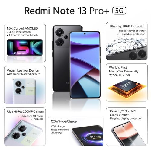 XIAOMI Redmi Note 13 PRO Plus 5G – 6.67" – 8 Go RAM – 256 Go – Dimensity 7200 Ultra – 200 MP – Noir