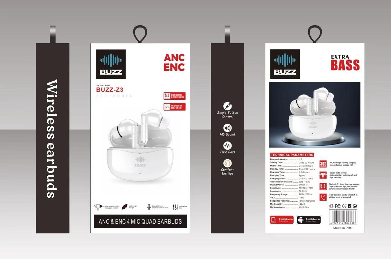 Buzz Z 3 Écouteurs Bluetooth 5.3 de haut qualité Son Steréo, double microphone, Réduction du Bruit ANC - 22 h