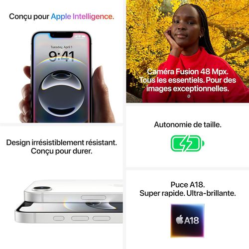 Apple iPhone 16e 128 Go white 8 Go RAM 48 Mpx 6.1 Puce A18 iOS Bouton Action 5G