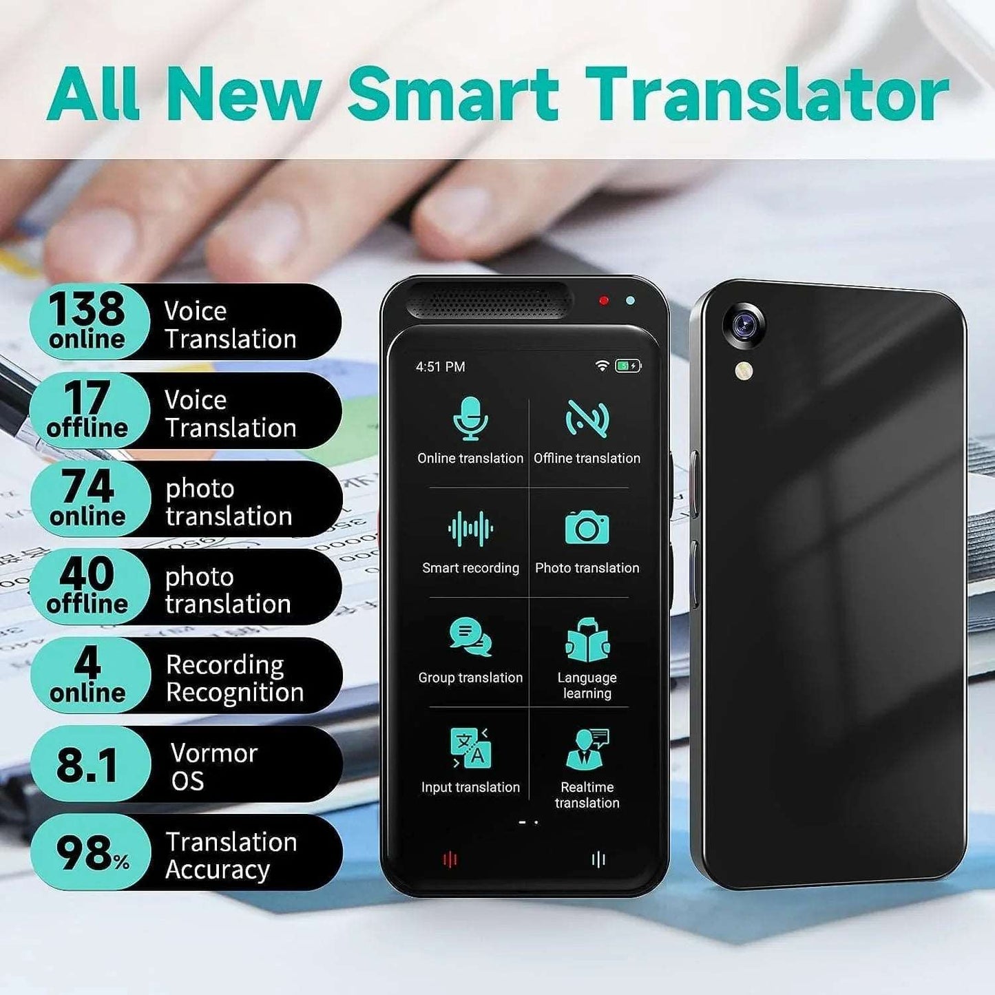 VORMOR Z6 Traducteur Portable avec 138 Langues, Vocal Intelligent en Temps Réel