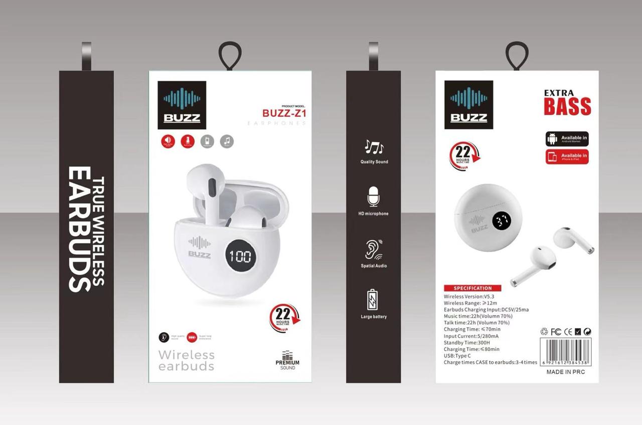 Buzz Z 1 Écouteurs Bluetooth de haut qualité avec Afficheur - 22 h autonomie - Blanc