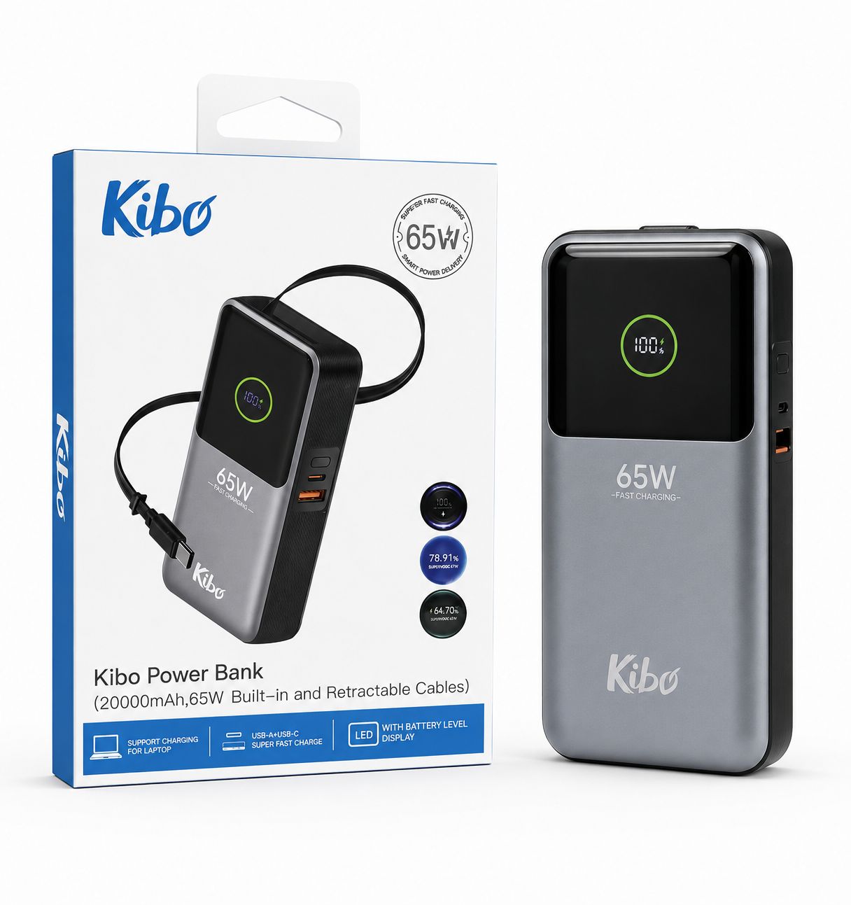Kibo Power Bank 65W – Charge Ultra Rapide 65W 20000mAh Charge Laptop & Smartphone