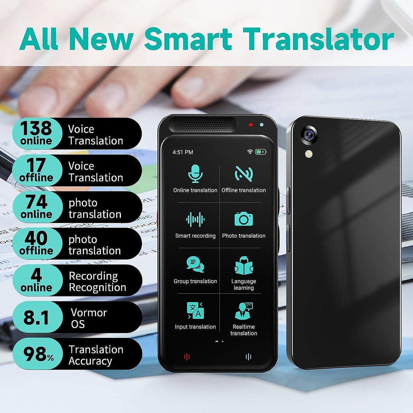 VORMOR ™ Traducteur Portable avec 138 Langues, Vocal Intelligent en Temps Réel